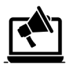 Icon of a laptop with an open screen displaying a megaphone. The megaphone is tilted to the right, symbolizing digital marketing or online announcements. The image is in black and white.
