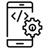 Icon of a smartphone with code brackets on the screen, adjacent to a gear symbol. The image represents mobile app development or programming. The overall design is minimalist with clean, black lines.