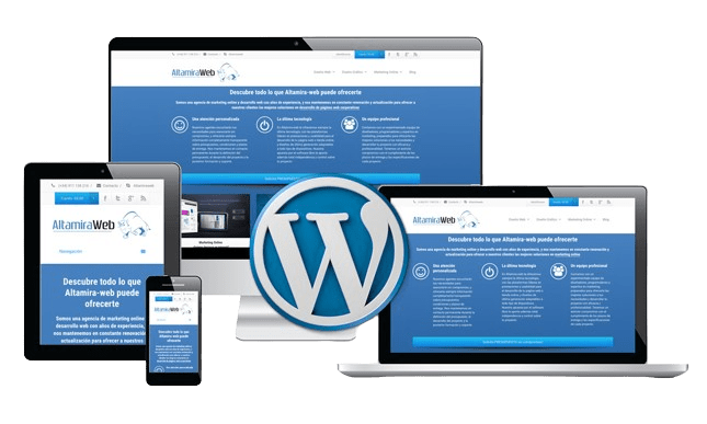 WordPress website design company and agency in USA showcasing responsive web design on various devices including desktop, laptop, tablet, and smartphone.