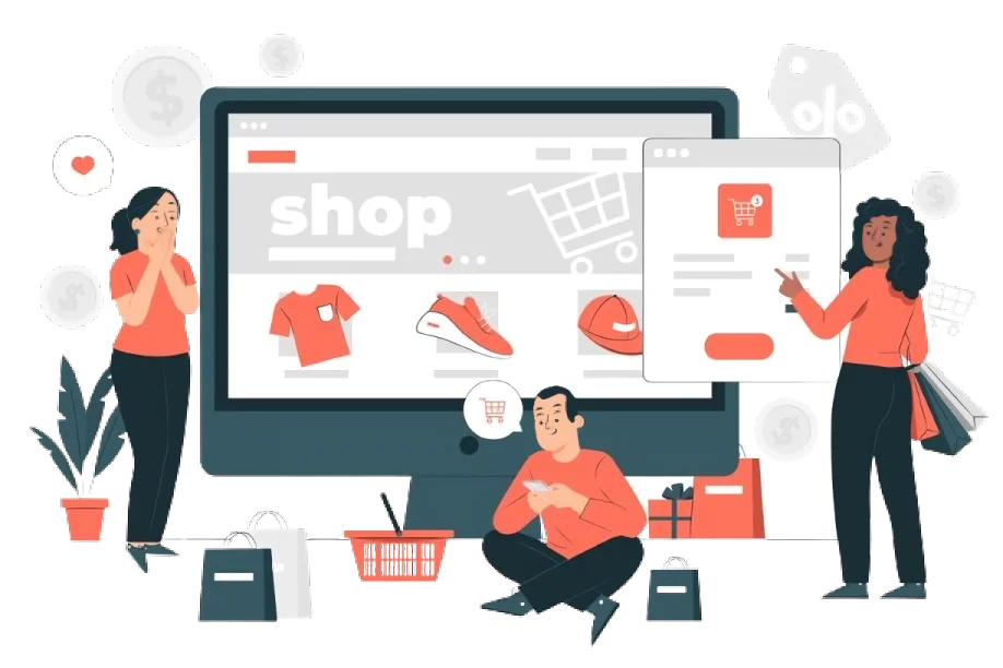 Illustration of three people shopping online. A large computer screen shows a web page with various items like a shirt, shoes, and a hat. One person is pointing at the screen, another is sitting with a laptop, and the third is holding shopping bags.