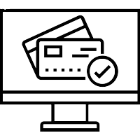 A computer monitor displaying an image of two credit cards, one overlaying the other. A checkmark symbol is placed next to the cards, indicating successful completion or approval. The image is in a simple, black outline style.