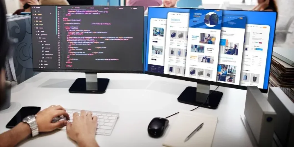 A person is working at a desk with two large monitors. The left monitor displays code in a text editor, while the right monitor shows a website on various devices. The desk also has a keyboard, mouse, and a notepad with a pencil.