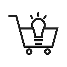 A simple black shopping cart icon with a light bulb inside, representing a concept of innovative shopping or bright ideas in shopping. The light bulb has small lines around it indicating it is turned on. The background is transparent.