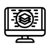 An icon depicting a computer monitor displaying four stacked layers inside a circle, symbolizing a multilayer or stack concept, perhaps related to technology, data management, or software development.