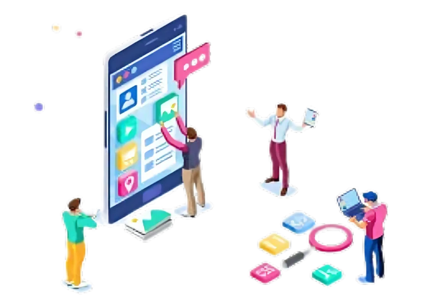 Illustration of people interacting with a large smartphone displaying various app icons and UI elements. One person is placing an icon on the screen, another is holding a tablet, and two others are engaged in activities around small app-like elements on the ground.