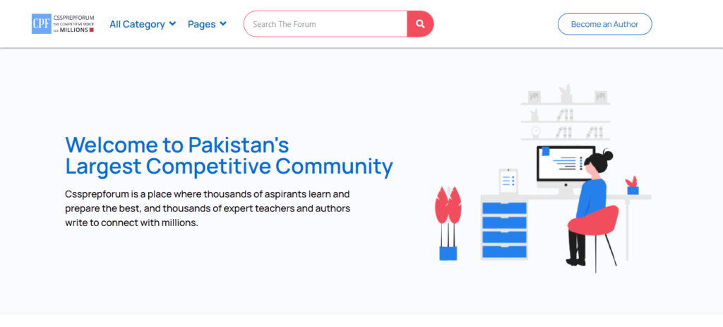 Screen capture of a website with text and images. The header welcomes users to Pakistan's Largest Competitive Community. Sections feature articles, education statistics, a teacher's image with an interview, and student testimonials. The footer contains links and contact details