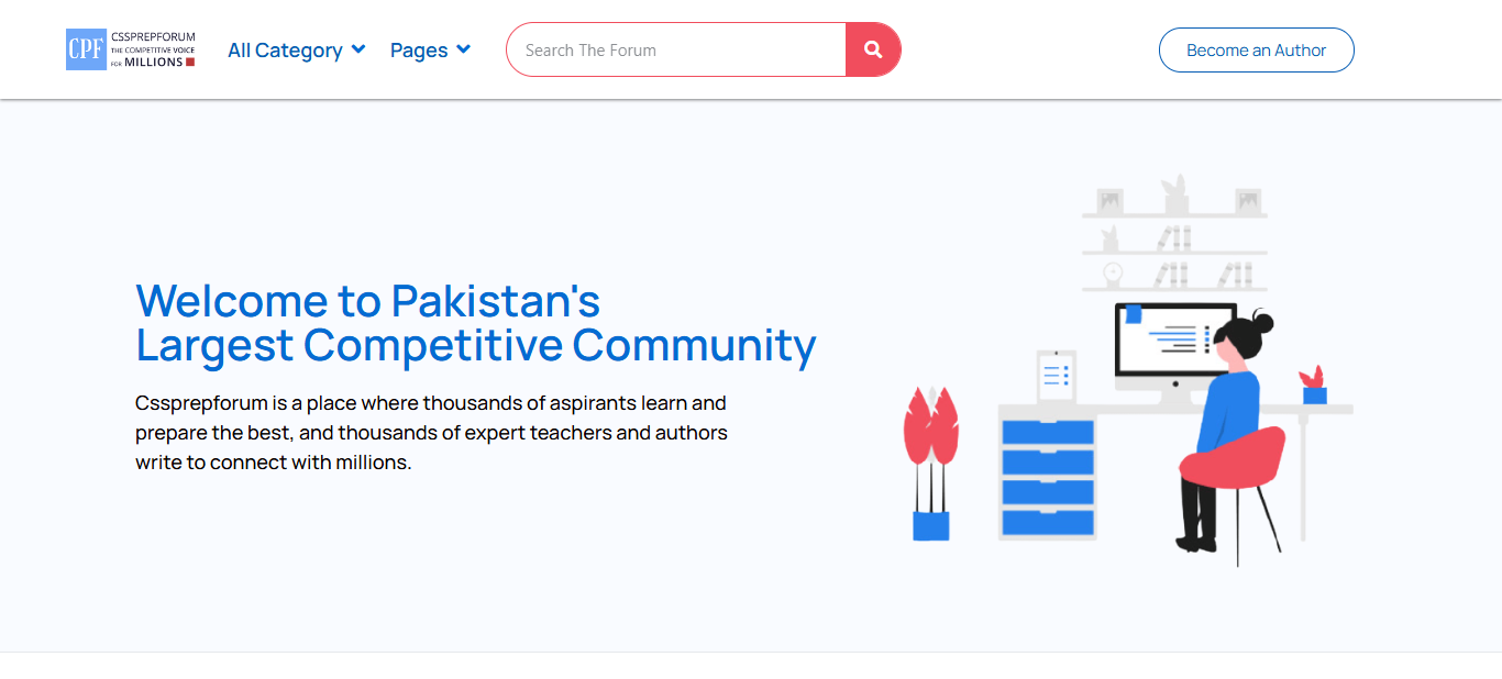 Screen capture of a website with text and images. The header welcomes users to Pakistan's Largest Competitive Community. Sections feature articles, education statistics, a teacher's image with an interview, and student testimonials. The footer contains links and contact details