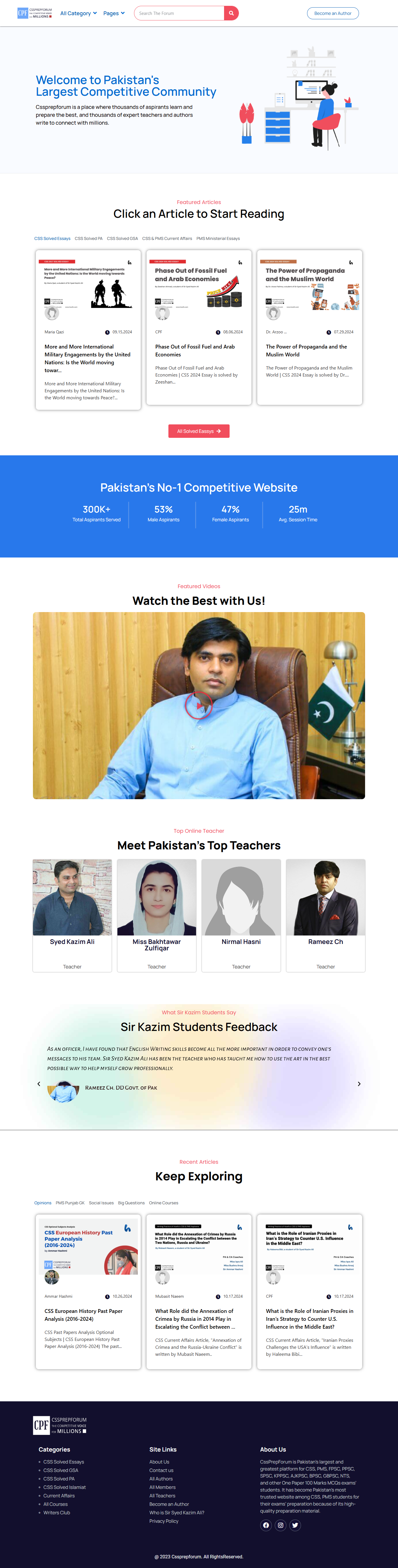 Screen capture of a website with text and images. The header welcomes users to Pakistan's Largest Competitive Community. Sections feature articles, education statistics, a teacher's image with an interview, and student testimonials. The footer contains links and contact details