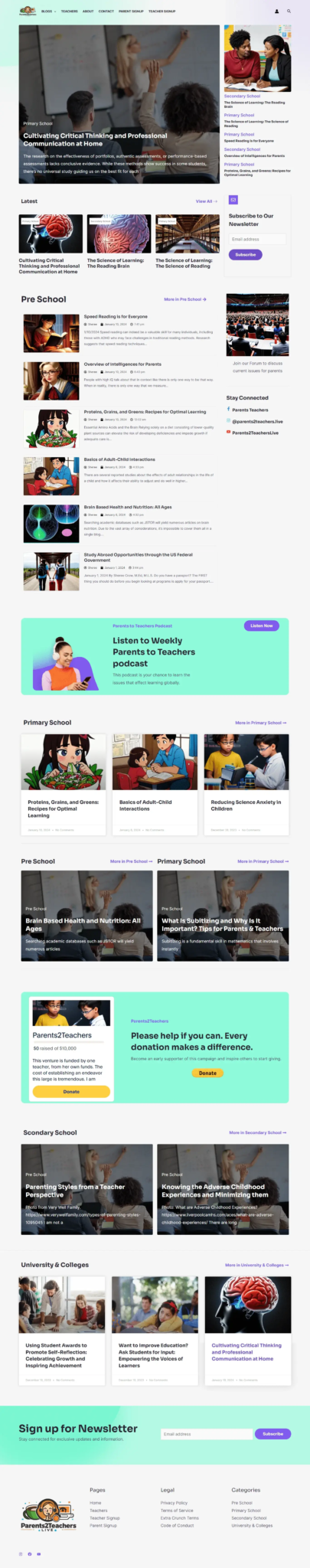 A website homepage featuring various sections related to STEM education. It includes headers and articles on topics like coding bootcamps, robotics, primary and secondary school resources, equity in STEM, and university and college information. A newsletter sign-up form is at the bottom.