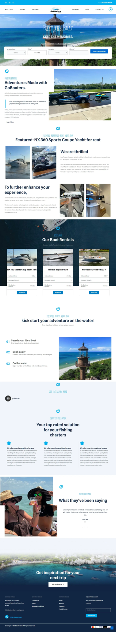 A website featuring boat rental services. The header displays navigation links and a company logo. Sections include adventure offerings, featured yachts, testimonials, and information about boat safety and insurance. Images show scenic water views and boat interiors.