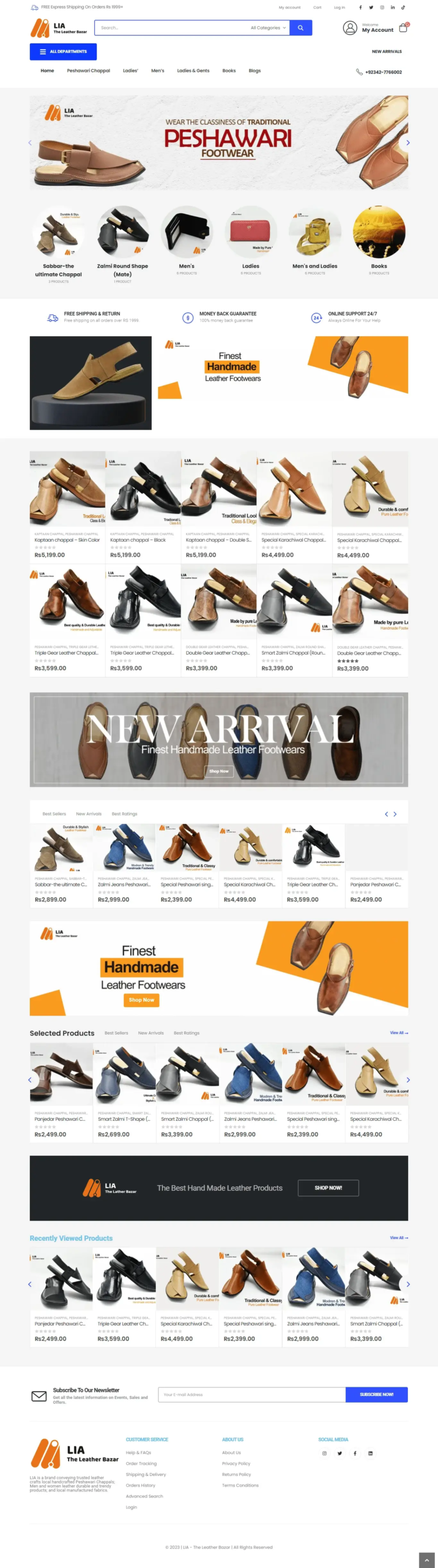 Screen capture of a website displaying a range of stylish, traditional Peshawari footwear. The layout includes various product sections, banners, and navigation bars. Products are showcased with images and prices, emphasizing handcrafted leather sandals in different designs and colors.