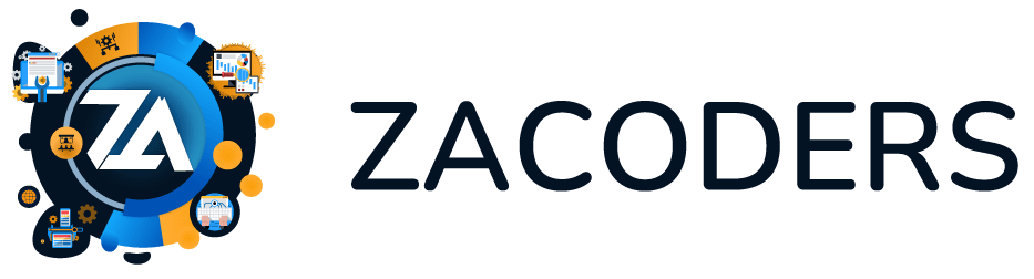 Logo of ZACODERS featuring their name in bold black letters. To the left, a circular design showcasing various tech-related icons such as graphs, gears, and computer screens surrounds the central logo.