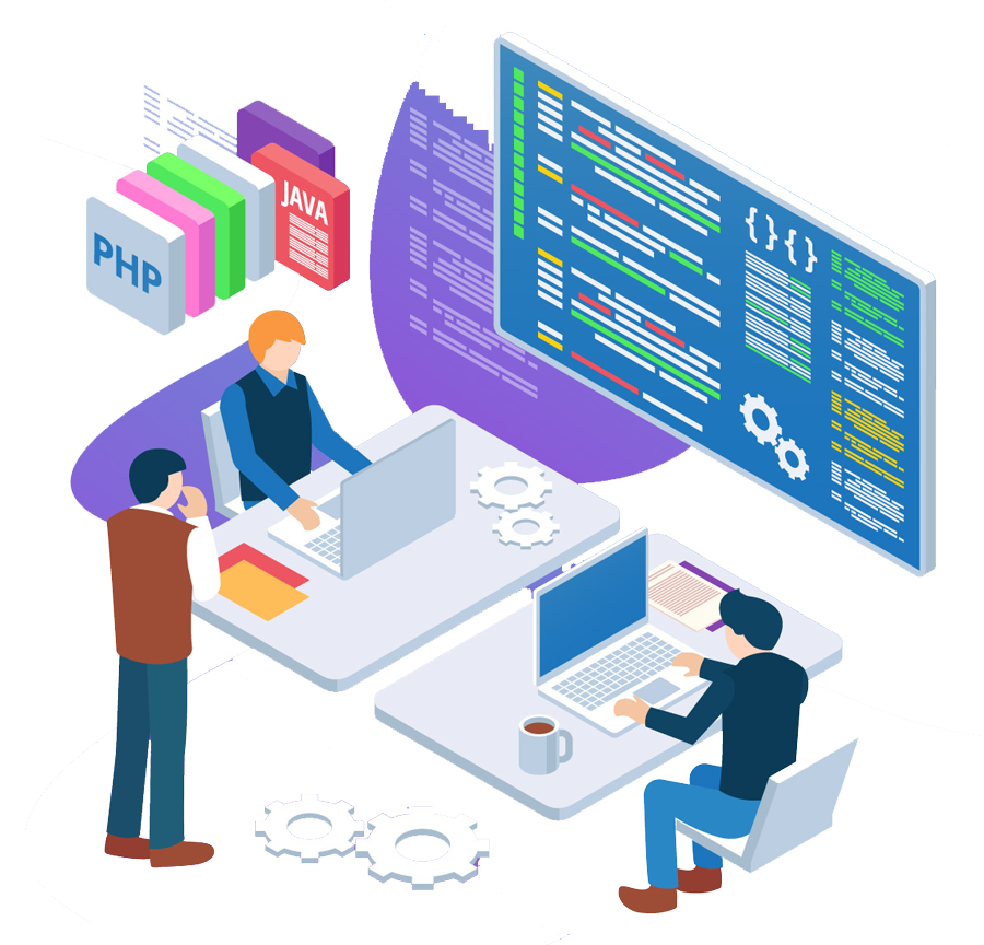 Isometric illustration of people working on computers in a modern office setting.