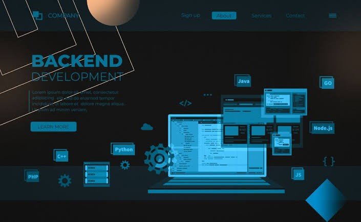 A visually striking website interface showcasing "Backend Development," featuring a sleek laptop screen displaying lines of code, surrounded by icons representing programming languages such as Java, Python, and Node.js. The background is dark with a modern, tech-inspired aesthetic, complemented by vibrant blue accents, geometric shapes, and abstract design elements. The overall mood is professional and innovative, indicative of a cutting-edge tech company.