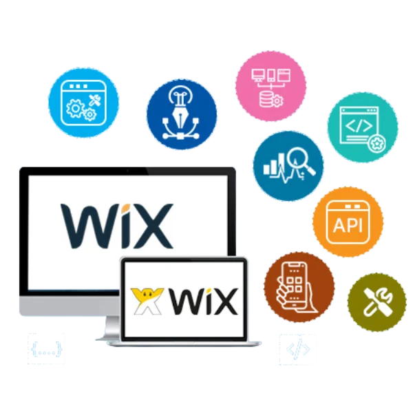 An illustration showcasing the Wix logo prominently displayed on two screens: a desktop monitor and a laptop. Surrounding the screens are colorful icons representing various web development and design features, such as website coding, database management, APIs, analytics, and user engagement tools. The background is clean and modern, emphasizing technology and creativity in web design.