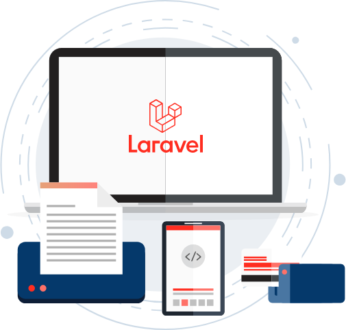 An computer screen that show the laravel development text and a mobile screen that show code snipt icon.