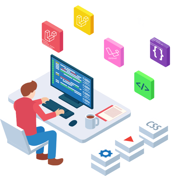 An illustration of a person sitting at a desk with a computer, engaged in coding. Surrounding them are icons representing different programming languages and web technologies, such as PHP, HTML5, and JavaScript. Other tech-related symbols and floating codes represent the comprehensive expertise of website design and development agencies.