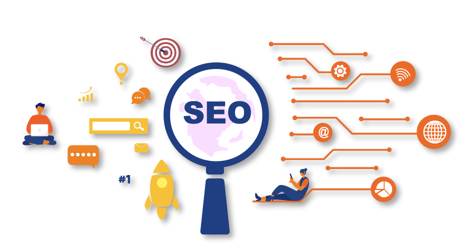 An engaging illustration centered around "SEO," featuring a magnifying glass highlighting the term prominently. Surrounding it are various icons representing key aspects of search engine optimization, such as a rocket symbolizing growth, a target for strategic goals, graphs for analytics, and figures using technology. The design uses a dark background with vibrant orange and blue tones, creating a dynamic and modern visual that underscores the significance of SEO in digital marketing. An engaging illustration centered around "SEO," featuring a magnifying glass highlighting the term prominently. Surrounding it are various icons representing key aspects of search engine optimization, such as a rocket symbolizing growth, a target for strategic goals, graphs for analytics, and figures using technology. The design uses a dark background with vibrant orange and blue tones, creating a dynamic and modern visual that underscores the significance of SEO in digital marketing.