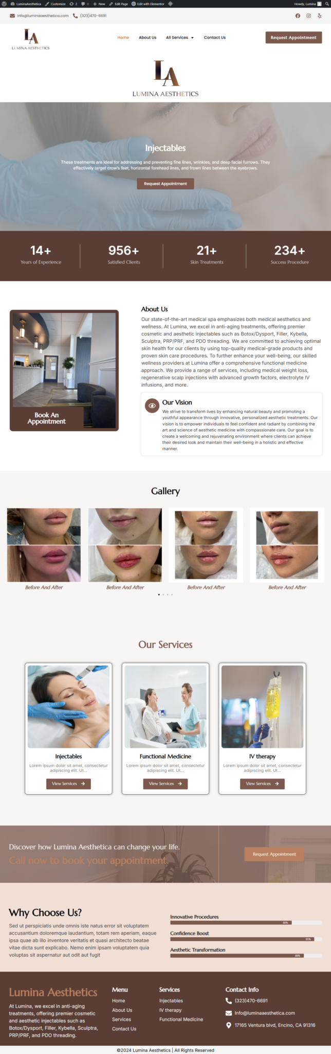 Portfolio of our developed site Lumina Aesthetica in wordpress.