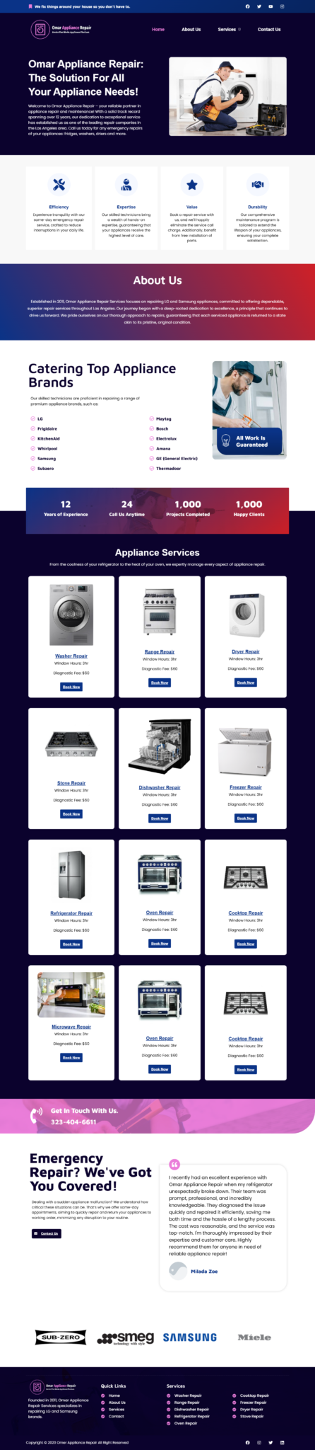 Portfolio of our developed site Omer Appliances Repaire in wordpress.