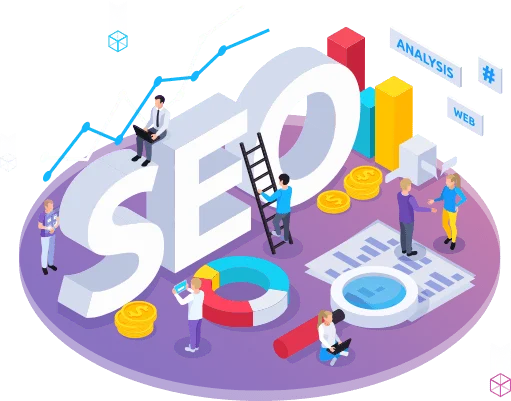 An engaging digital illustration centered around the concept of SEO (Search Engine Optimization). A large, bold "SEO" text stands prominently, surrounded by diverse characters actively involved in various tasks. Some individuals are analyzing data on laptops, while others are discussing strategies with visual graphs and charts in the background. Money coins and magnifying glasses symbolize the financial benefits and detailed analysis of SEO efforts. The color palette includes vibrant hues, enhancing a dynamic and modern business environment.
