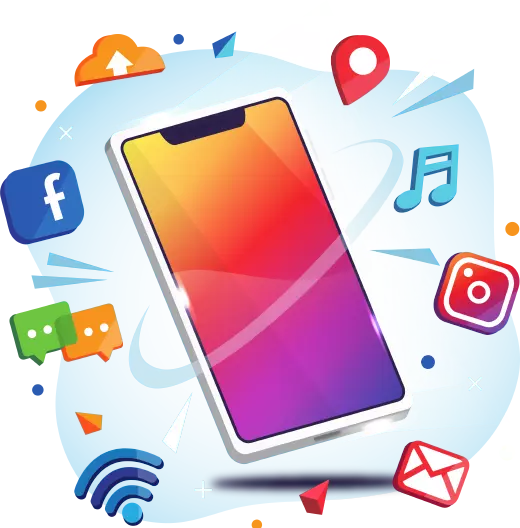 A vibrant and modern illustration featuring a sleek smartphone at the center, showcasing a gradient background of orange and pink. Around the phone, various social media icons and notifications—including Facebook, Instagram, chat bubbles, location markers, and musical notes—emanate in a dynamic pattern. The backdrop is lively with abstract waves and arrows, creating an energetic atmosphere that conveys connectivity and digital interaction.