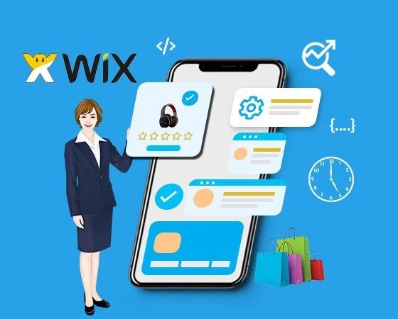 An engaging illustration featuring a professional woman wearing a business suit, standing next to a smartphone displaying a user-friendly interface for an e-commerce platform. The screen showcases product ratings, settings options, and chat notifications. Surrounding the phone are various icons related to Wix, including the Wix logo, analytics symbols, a clock, and shopping bags, all set against a bright blue background. This design highlights the features of Wix for online business solutions and customer engagement.