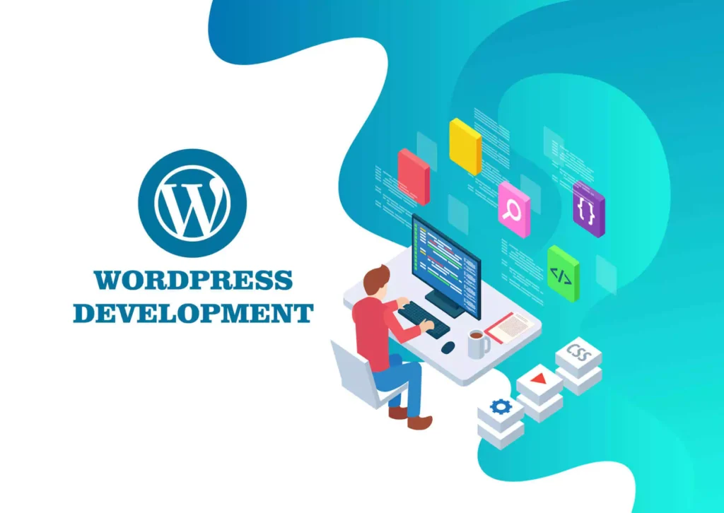 An informative graphic centered around "WordPress Development," featuring a circular layout with the WordPress logo prominently displayed in the middle. Surrounding the logo are key components of WordPress development, labeled with: "Highly Secured Themes & Plug-ins," "Multi-Language Support," "Custom WordPress Development," "Maintenance & Upgradation," "Simple Content Management," and "Solid Backup Strategy." The design uses a bright blue background to create a clean and professional look, effectively highlighting the essential aspects of developing with WordPress.