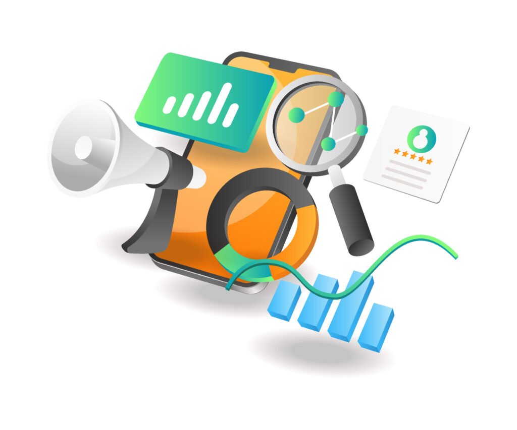 Isometric illustration concept. Digital marketing strategy seo optimization analysis