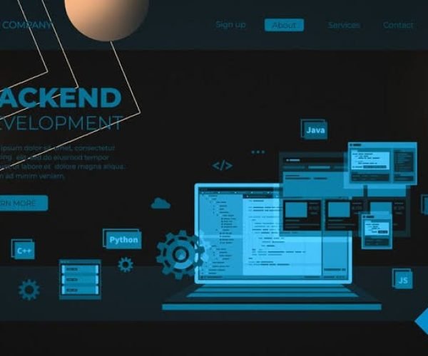 A visually striking website interface showcasing "Backend Development," featuring a sleek laptop screen displaying lines of code, surrounded by icons representing programming languages such as Java, Python, and Node.js. The background is dark with a modern, tech-inspired aesthetic, complemented by vibrant blue accents, geometric shapes, and abstract design elements. The overall mood is professional and innovative, indicative of a cutting-edge tech company.