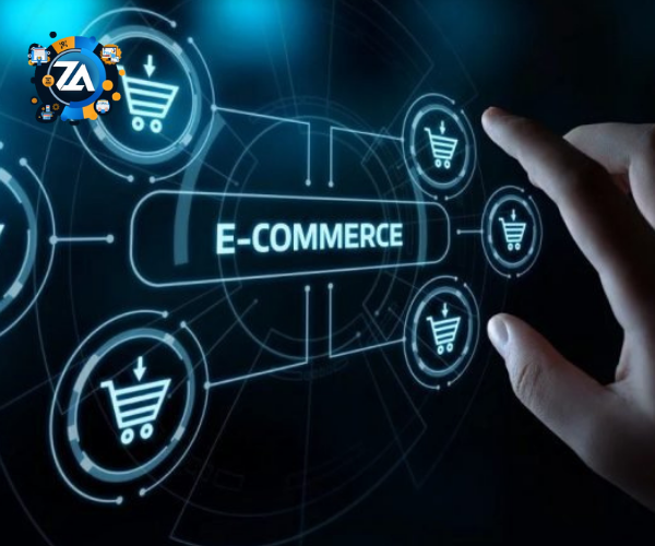 A futuristic digital interface showcasing an interactive e-commerce platform. In the foreground, a hand is reaching out to touch a central display marked with "E-COMMERCE," surrounded by various shopping cart icons. The background is a sleek dark blue with glowing elements, creating a high-tech atmosphere that highlights the seamless integration of technology in online shopping experiences.