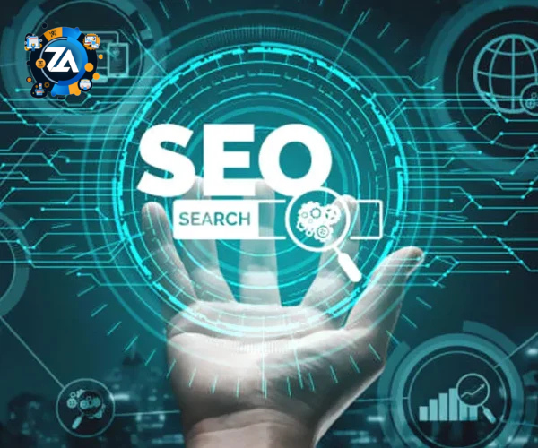 A dynamic digital illustration emphasizing "SEO" and "SEARCH," with a hand reaching out towards a central glowing graphic. The background features a tech-inspired design with various icons representing analytics, global connectivity, and search elements, all interconnected with lines and circuits. The overall aesthetic is futuristic and corporate, highlighting the importance of search engine optimization in the digital landscape.