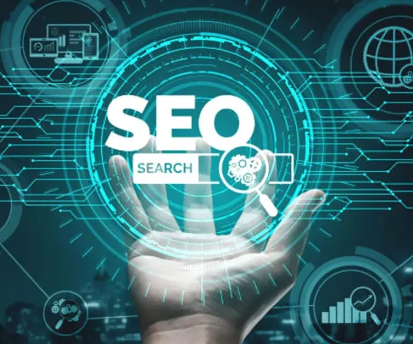 A dynamic digital illustration emphasizing "SEO" and "SEARCH," with a hand reaching out towards a central glowing graphic. The background features a tech-inspired design with various icons representing analytics, global connectivity, and search elements, all interconnected with lines and circuits. The overall aesthetic is futuristic and corporate, highlighting the importance of search engine optimization in the digital landscape.