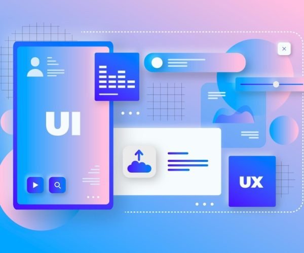 An abstract digital illustration showcasing a user interface (UI) design concept. Central to the image is a stylized smartphone mockup displaying the text "UI" prominently, surrounded by various UI elements like sliders, charts, and buttons. The background is a gradient blend of soft pink and blue tones, with geometric patterns and icons that represent user experience (UX) features, creating a modern and dynamic tech aesthetic. Zaceders software company that offers the marketing and development services in usa.