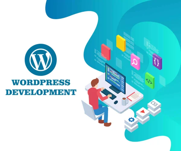 An informative graphic centered around "WordPress Development," featuring a circular layout with the WordPress logo prominently displayed in the middle. Surrounding the logo are key components of WordPress development, labeled with: "Highly Secured Themes & Plug-ins," "Multi-Language Support," "Custom WordPress Development," "Maintenance & Upgradation," "Simple Content Management," and "Solid Backup Strategy." The design uses a bright blue background to create a clean and professional look, effectively highlighting the essential aspects of developing with WordPress.